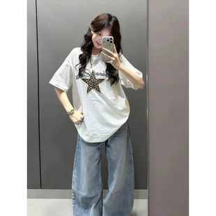 HandSeven复古豹纹星星贴布绣烫钻潮牌短袖t恤夏季圆领美式上衣