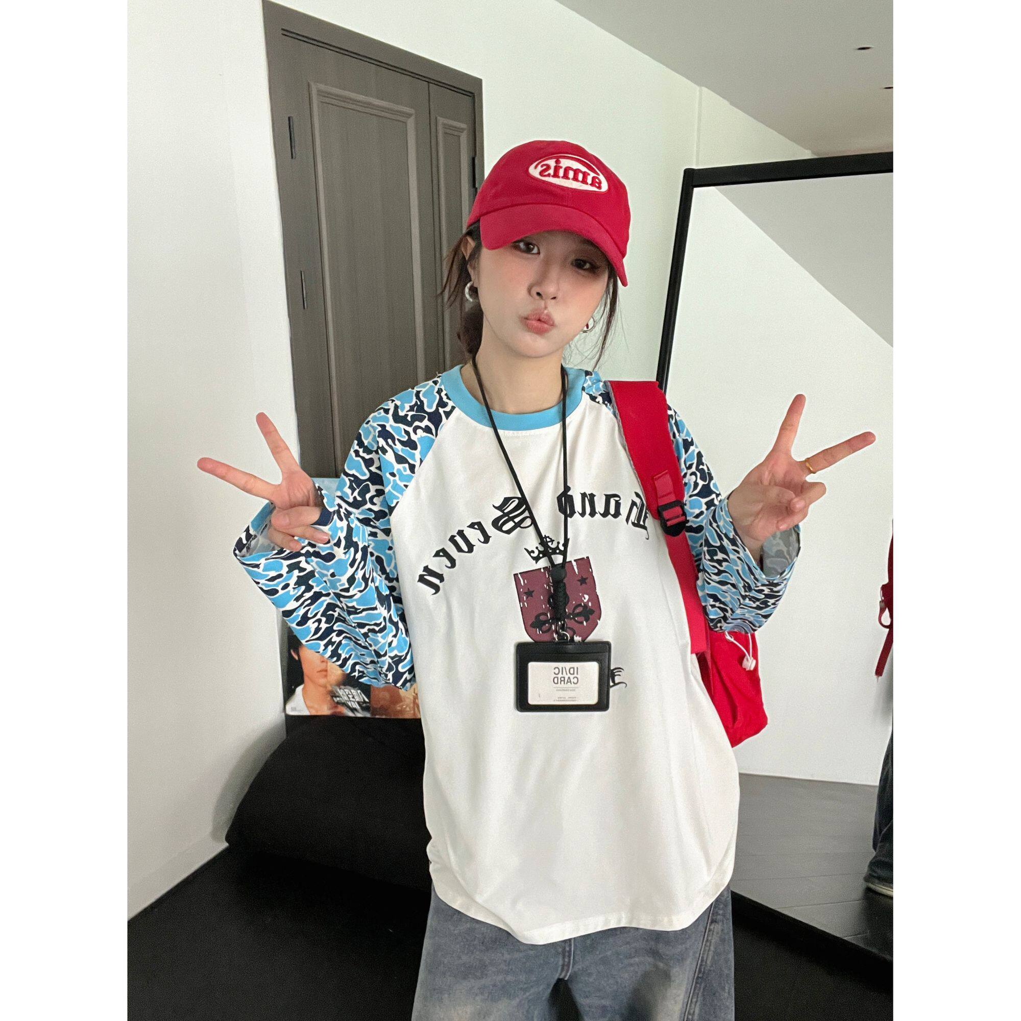HANDSEVEN美式多巴胺迷彩长袖t恤早秋潮牌情侣同款圆领上衣宽松