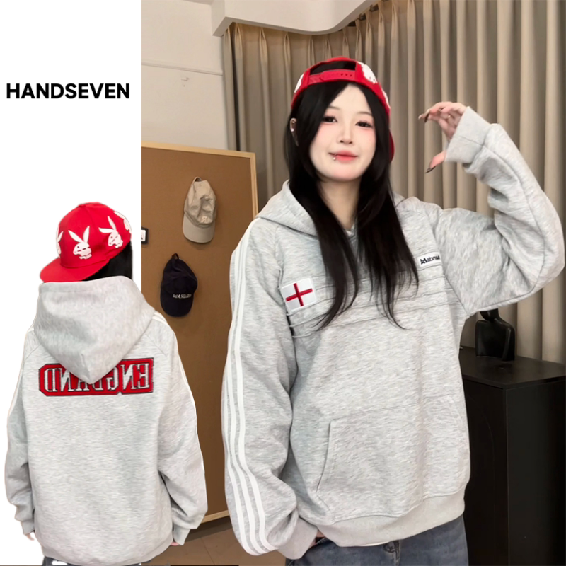 HandSeven褶皱条纹刺绣字母宽松型休闲连帽卫衣上衣男女情侣同款