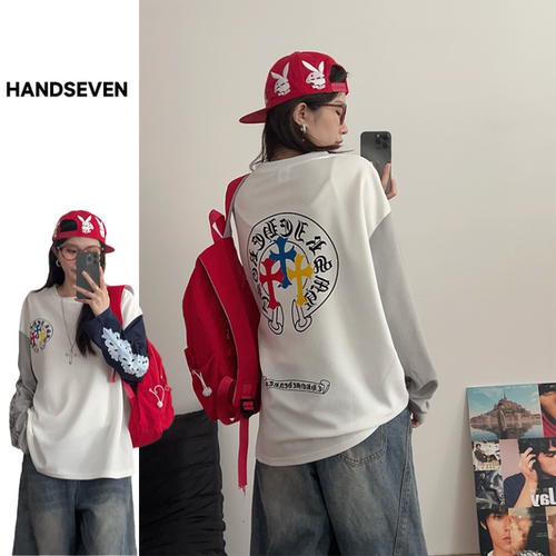 HandSeven韩系复古个性字母印花宽松休闲圆领长袖T恤春秋打底上衣