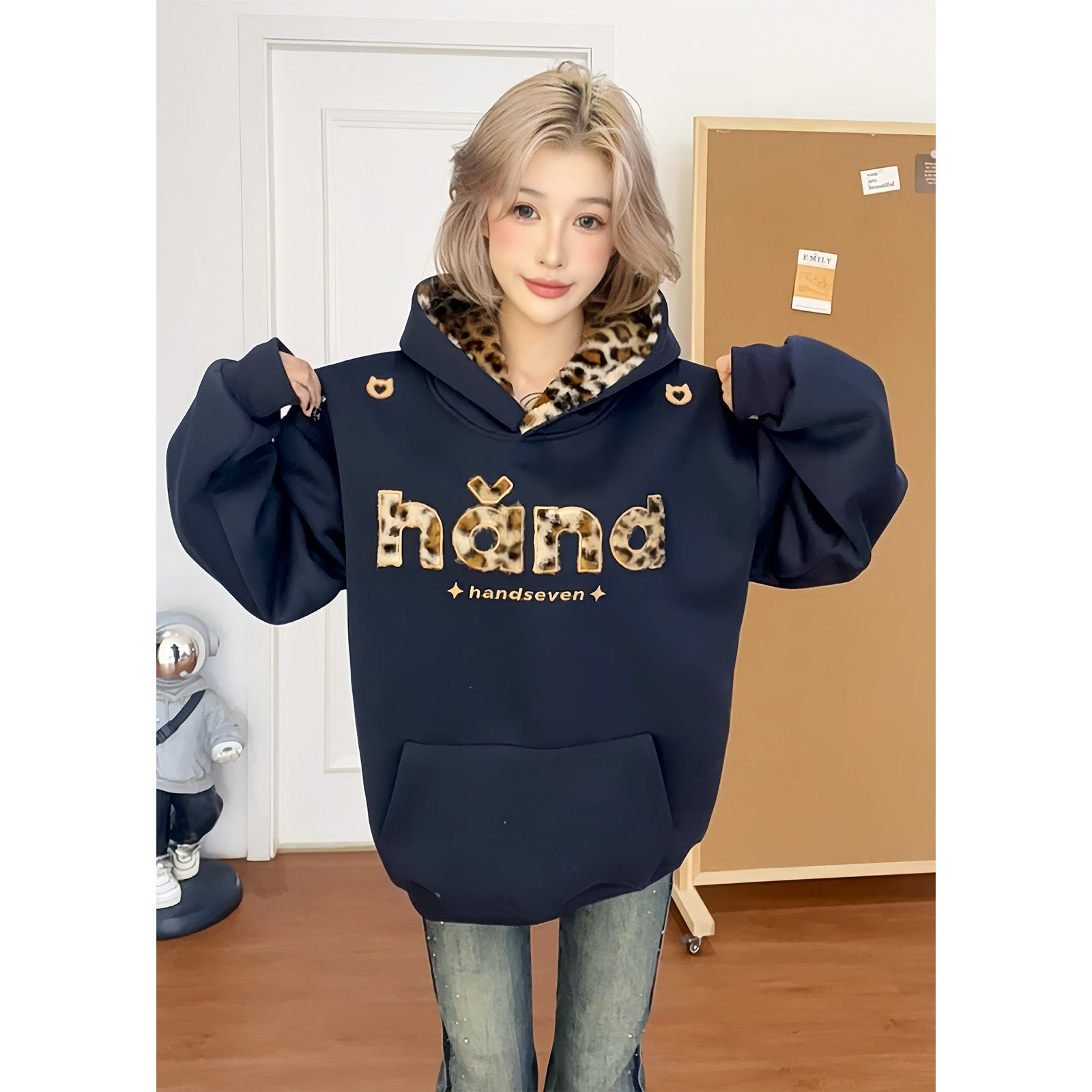 HandSeven美式复古豹纹刺绣帽衫