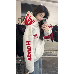 HandSeven美式毛绒字母刺绣重磅连帽卫衣秋冬新款设计感情侣帽衫