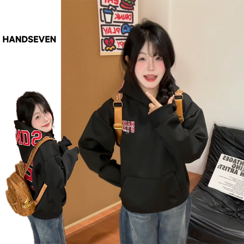 HandSeven美式高街秋冬季字母贴布刺绣连帽卫衣宽松男女情侣上衣