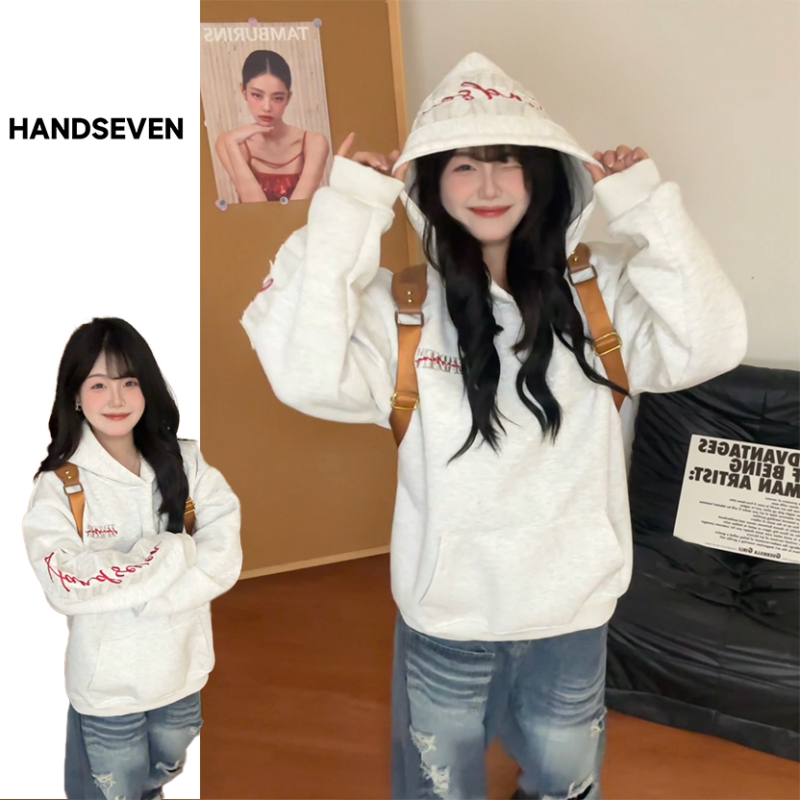 HandSeven美式复古潮流个性刺绣字母连帽卫衣男女情侣同款上衣服