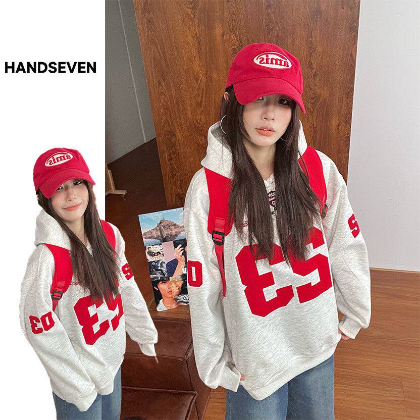 HandSeven美式字母刺绣连帽卫衣秋冬学院风宽松休闲显瘦情侣上衣