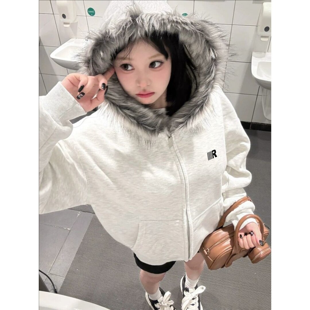 HandSeven美式复古毛领开衫情侣连帽卫衣男女秋季潮牌外套上衣