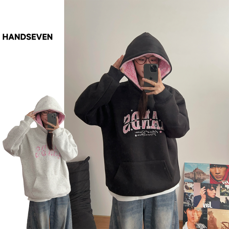 HandSeven潮牌个性趣味豹纹刺绣字母秋冬季保暖连帽卫衣宽松上衣