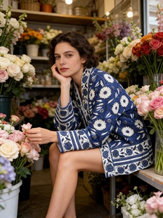 夏萨珑花香！蓝染秋季新款印度手工植物环保棉麻精致刺子绣外套袍