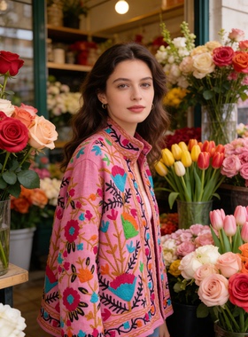 夏萨珑！suzani印度进口 法式小众25秋冬 特色刺绣花枝纯棉短外套