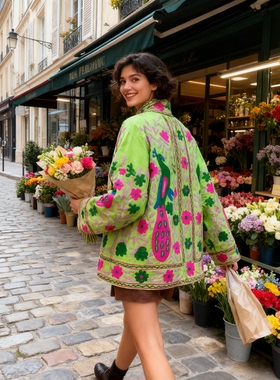 夏萨珑！suzani印度进口法式小众25秋冬特色刺绣花枝纯棉孔雀外套