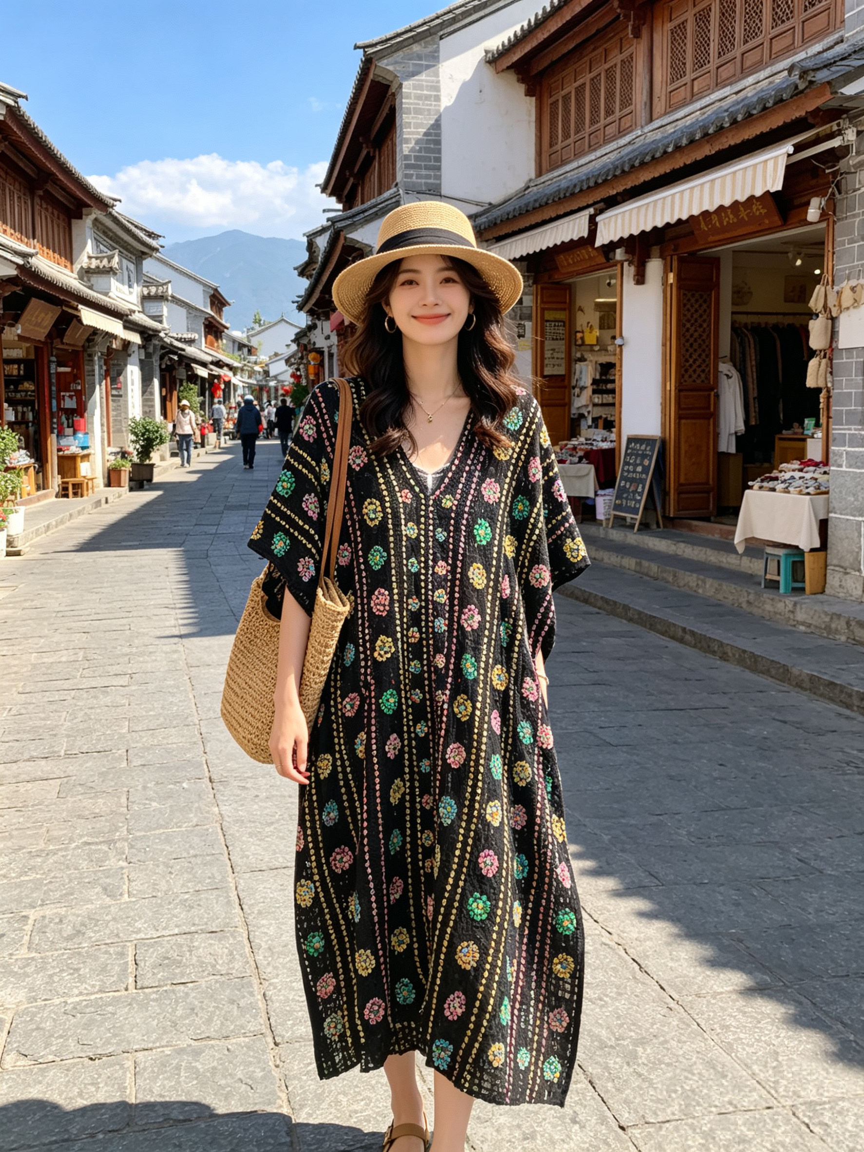（不周山物）美术生审美 重工钉珠刺绣 黑色镂空纯手工度假连衣裙