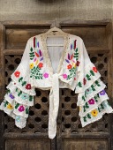 短衫 泰国创意手工钩边绣花高腰系带短开衫 泰棉蛋糕袖 重工防晒外套