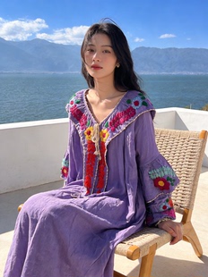 夏萨珑！泰国手工刺绣泰棉长袖连衣裙度假风波西米亚长袍刺绣2026