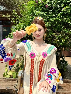 重工防晒外套 短衫 泰国创意手工钩边绣花高腰系带短开衫 泰棉蛋糕袖