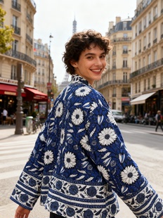 印度手工植物环保棉麻精致刺子绣外套袍 新款 夏萨珑花香 蓝染秋季