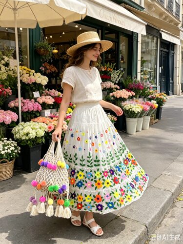 夏萨珑！泰国进口重工彩花刺绣半身长裙 棉麻大摆度假仙女裙