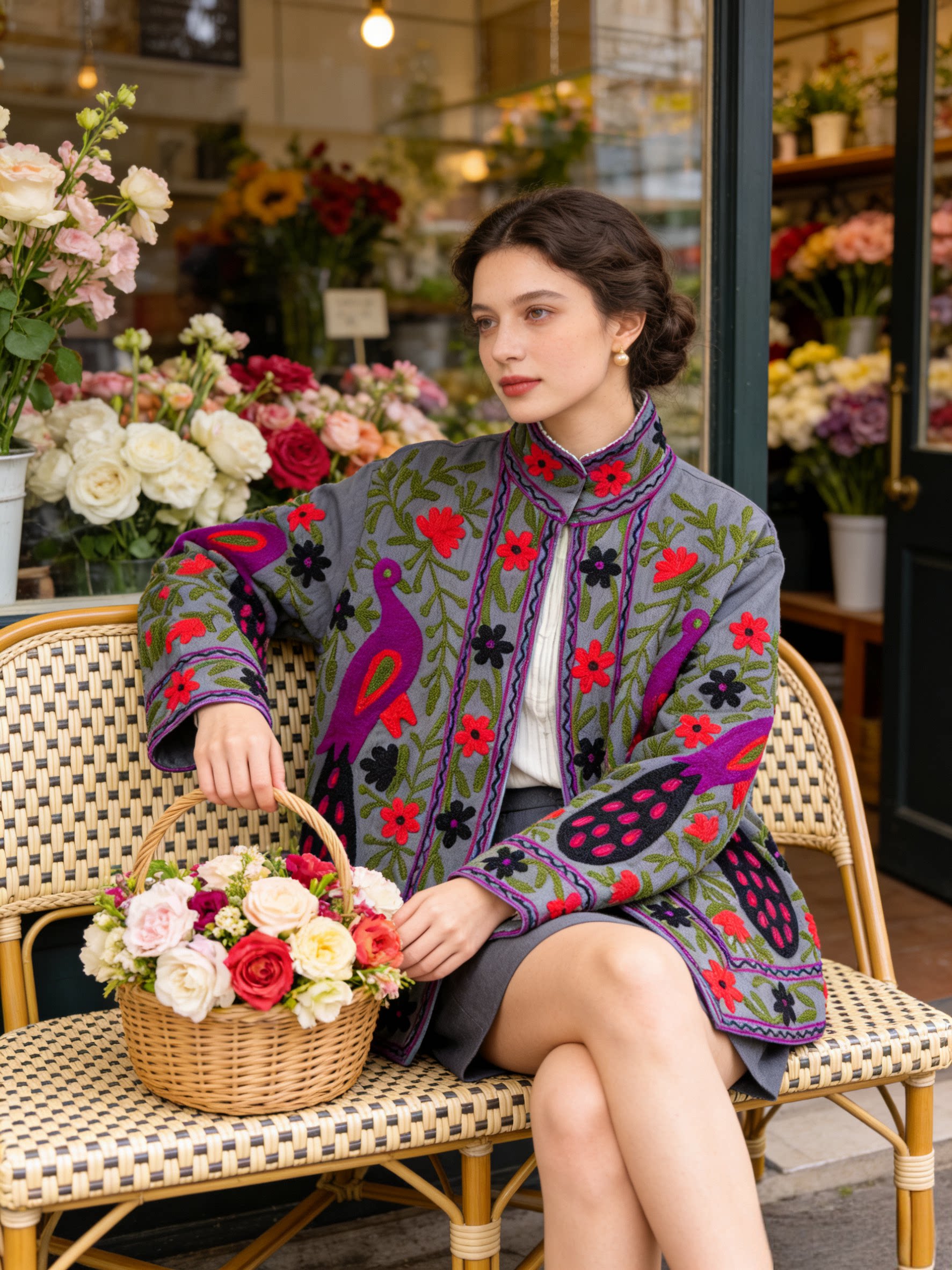 夏萨珑！suzani印度进口法式小众25秋冬特色刺绣花枝纯棉孔雀外套