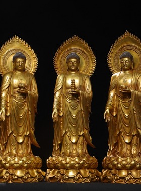 大号三世佛神像纯黄铜鎏金寺庙佛堂供奉家居佛堂供奉装饰桌面摆件