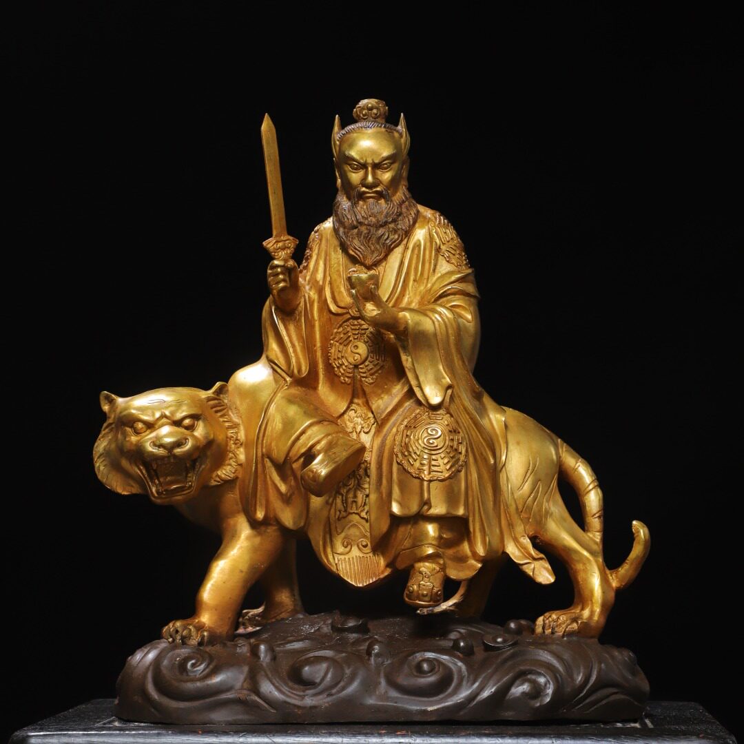 纯黄铜骑虎张天师神像摆件家用中式家居桌面开业礼品龙虎山张道陵