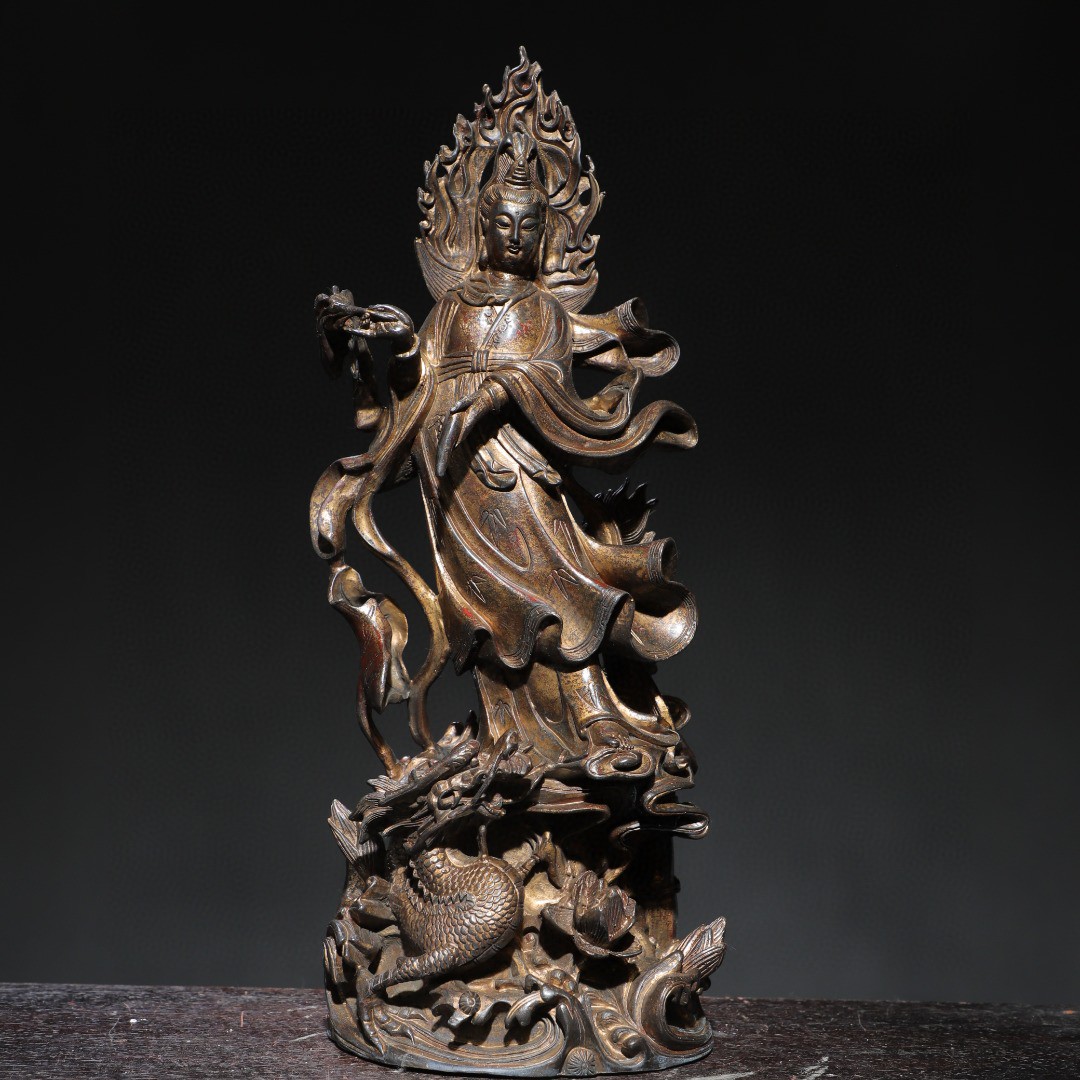 纯铜九龙观音摆件南海观世音御龙观音柳枝净瓶菩萨九龙圣母站佛像