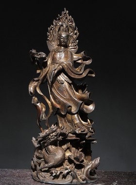 纯铜九龙观音摆件南海观世音御龙观音柳枝净瓶菩萨九龙圣母站佛像