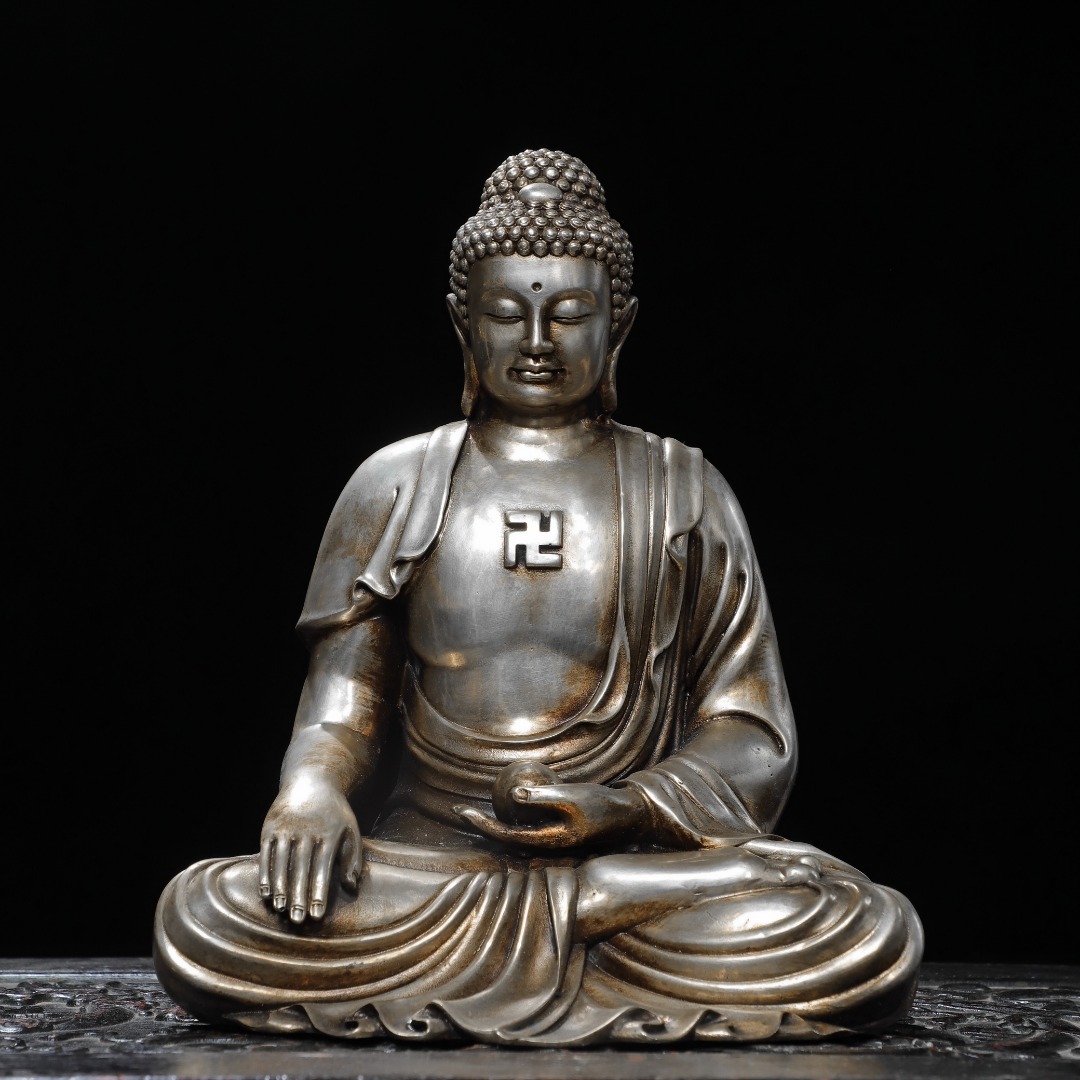 阿弥陀佛像纯全白铜鎏银释迦牟尼家居佛堂供佛桌面装饰品复古摆件