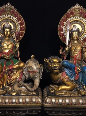 大号纯铜智慧青狮文殊菩萨佛像黄铜白象普贤菩萨摆件文殊普贤铜像