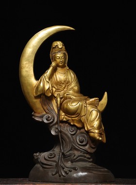 尼泊尔纯铜鎏金水月观音菩萨佛像仿古老铜自在观音居家用佛堂供养