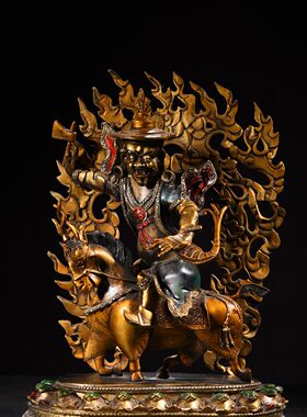 藏传老纯铜彩绘鎏金背光尚坚骑羊多吉列巴佛像摆件佛堂居家堂用品