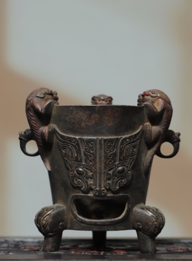仿古纯铜器雕古玩收藏双耳兽面炭火炉书房客厅寿星礼品送老人贺礼