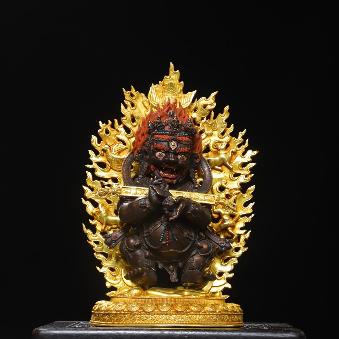 大黑天财神像黄铜鎏金描彩二臂玛哈嘎拉居家佛堂供奉香案用品摆件