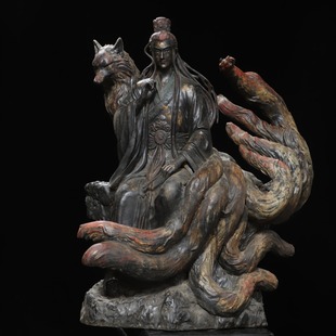 大号纯黄铜拓金青丘九尾白狐仙姑娘神佛像真身像家用佛堂供奉摆件