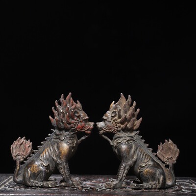 麒麟一对黄铜器摆件复古龙文案装饰客厅佛堂桌面招财开业创意礼品