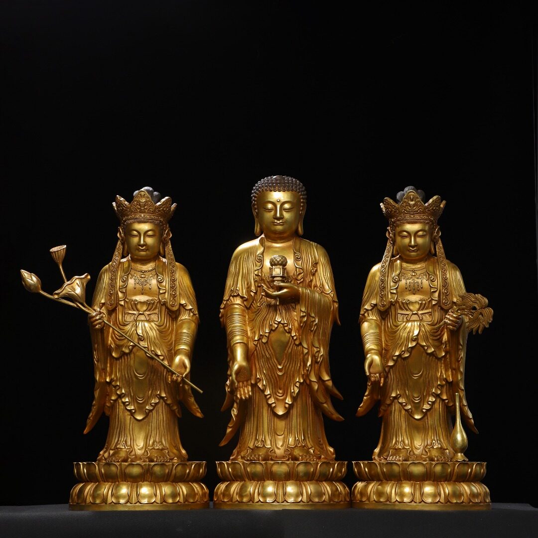 西方三圣全铜鎏金观音大势至菩萨阿弥陀佛家居佛堂供佛装饰品摆件