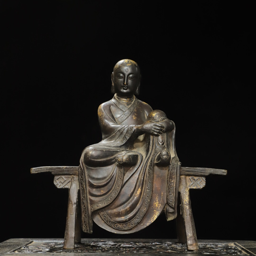 仿古纯铜拓金板凳佛摆件罗汉天眼逍遥自在无拘无束家居装饰工艺品