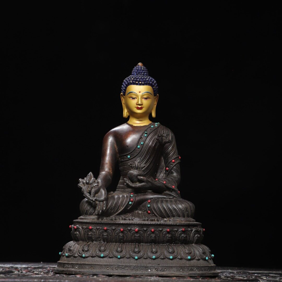 药师佛像释迦牟尼藏传密宗纯铜鎏金家居佛堂供奉装饰工艺桌面摆件
