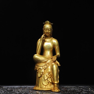 宝冠思惟铜雕静思观音菩萨铜器鎏金摆件家居客厅装饰人物佛像工艺