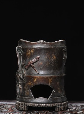 仿古纯黄铜竹节炭炉火炉节节高升财源滚滚来案头摆件复古陈设客厅