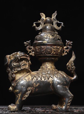 狮子熏香炉纯黄铜泥金做旧香薰炉家居佛堂桌面装饰品复古礼品摆件