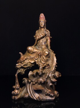 自在龙鱼观世音菩萨神佛像纯黄铜客厅佛堂供佛桌面装饰品复古摆件