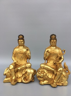 文殊普贤菩萨佛像纯铜鎏金坐像华严三圣铜器家用佛堂供奉桌面摆件