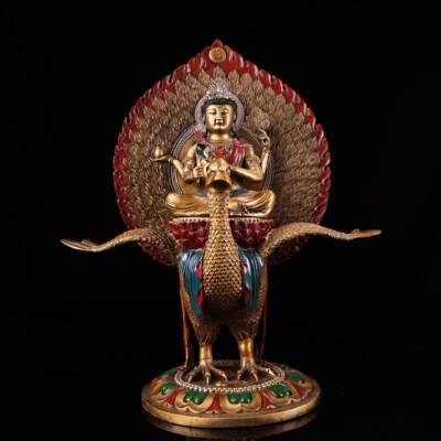 纯铜器雕彩绘孔雀明王佛像藏式家居用佛堂供奉桌面装饰品复古摆件