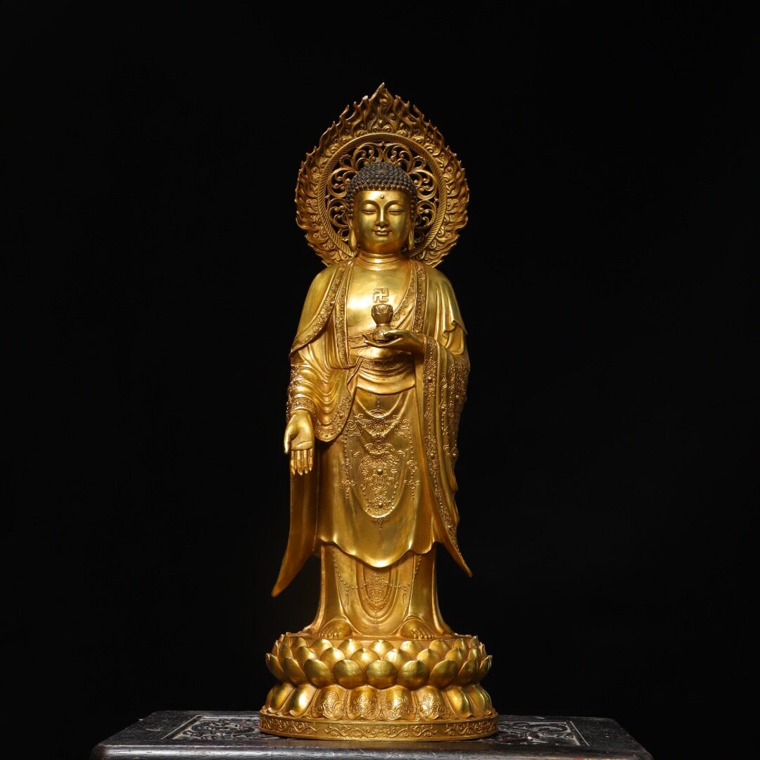 大号西方三圣站阿弥陀佛像带背光纯铜鎏金家居佛堂供奉装饰品摆件