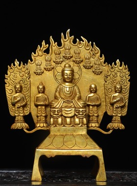 纯铜器鎏金北魏佛像复古陈设板凳佛三世佛新中式古典家居收藏摆件