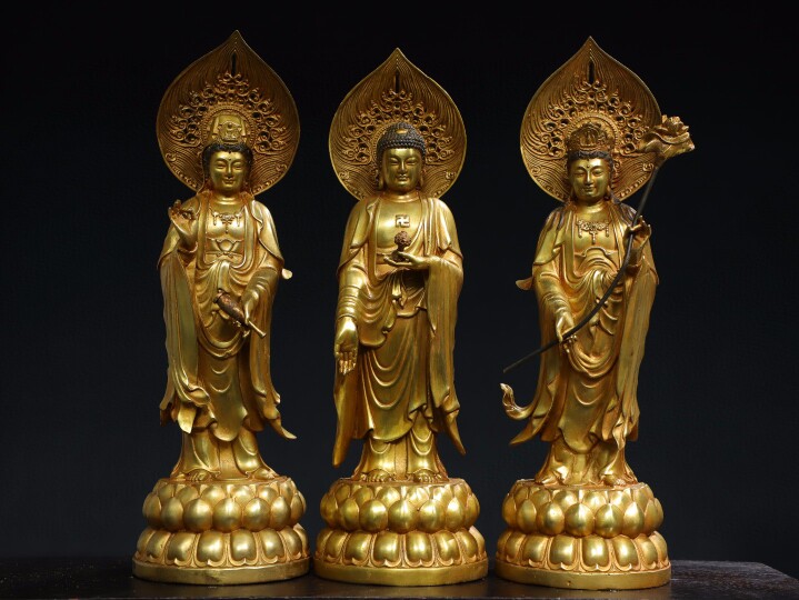纯铜西方三圣一套摆件铜鎏金大势至观世音菩萨佛像阿弥陀佛如来佛