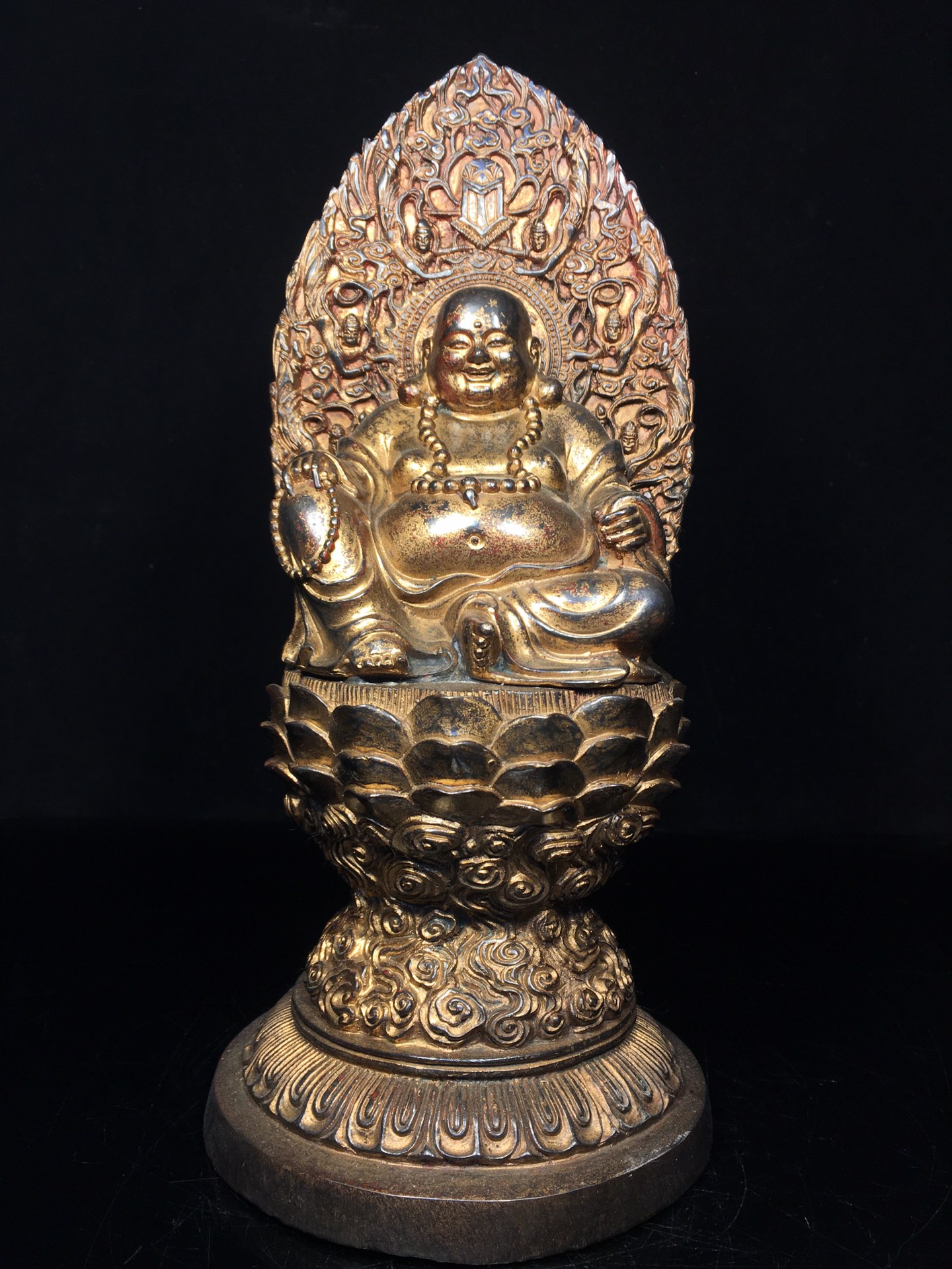 纯铜带背光弥勒仿古铜器大肚笑佛像家居佛堂供佛装饰创意工艺摆件