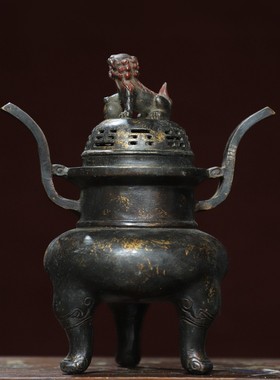 纯铜拓金狮盖熏香炉仿古铜器龙耳香薰炉家居茶道装饰品工艺品摆件