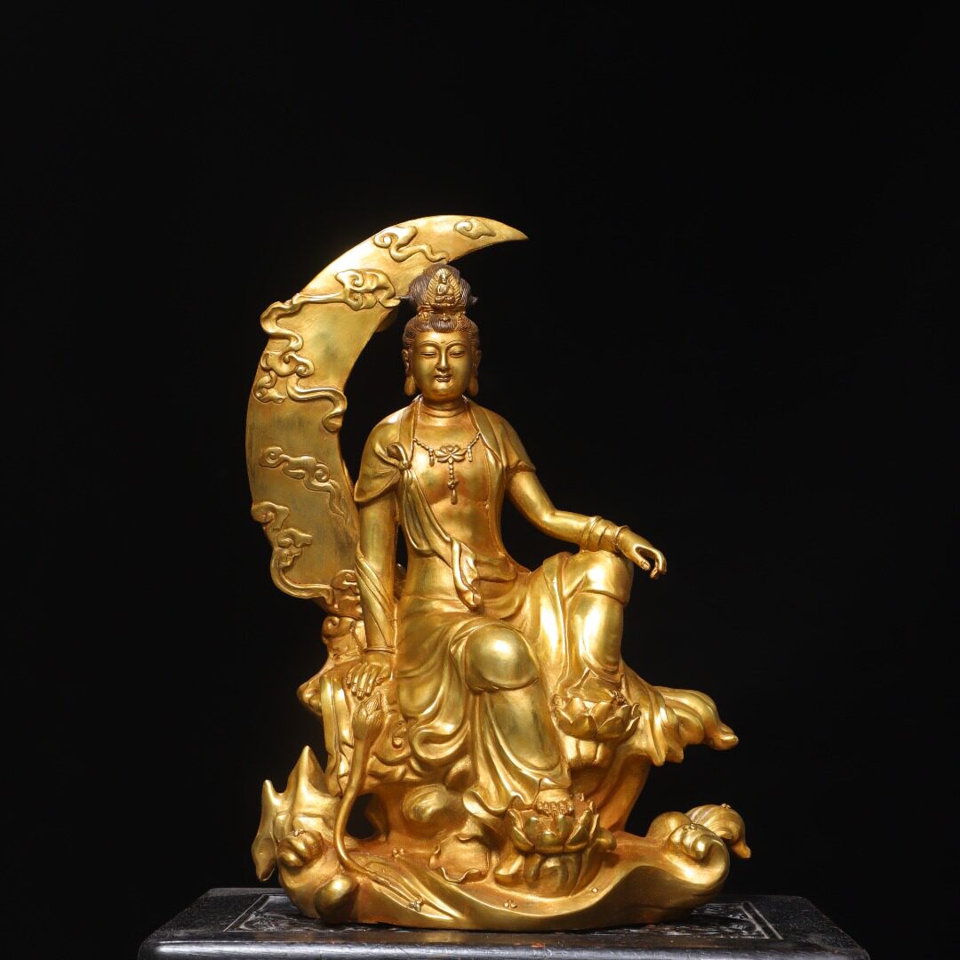 月亮自在观音菩萨佛像纯铜鎏金家居室内玄关寺庙供奉藏传密宗摆件