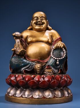 笑弥勒佛像大肚纯黄铜器彩绘家居佛堂供奉装饰工艺品桌面复古摆件