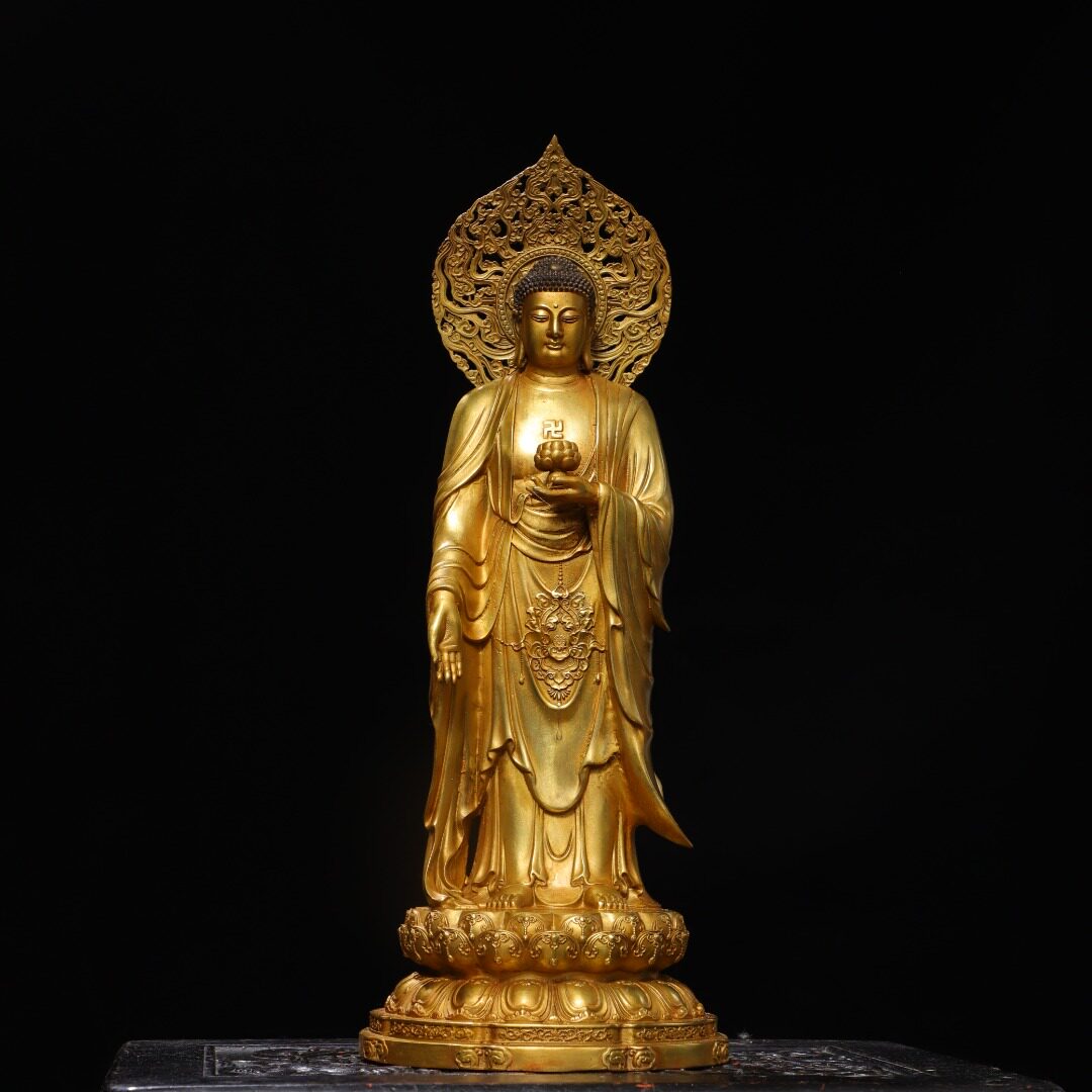 藏传密宗纯黄铜鎏金释迦牟尼大日如来佛像供奉摆件家居佛堂装饰品
